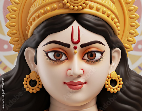 Close-Up Portrait of Durga Idol With Golden Crown, Traditional Makeup and Serene Expression
