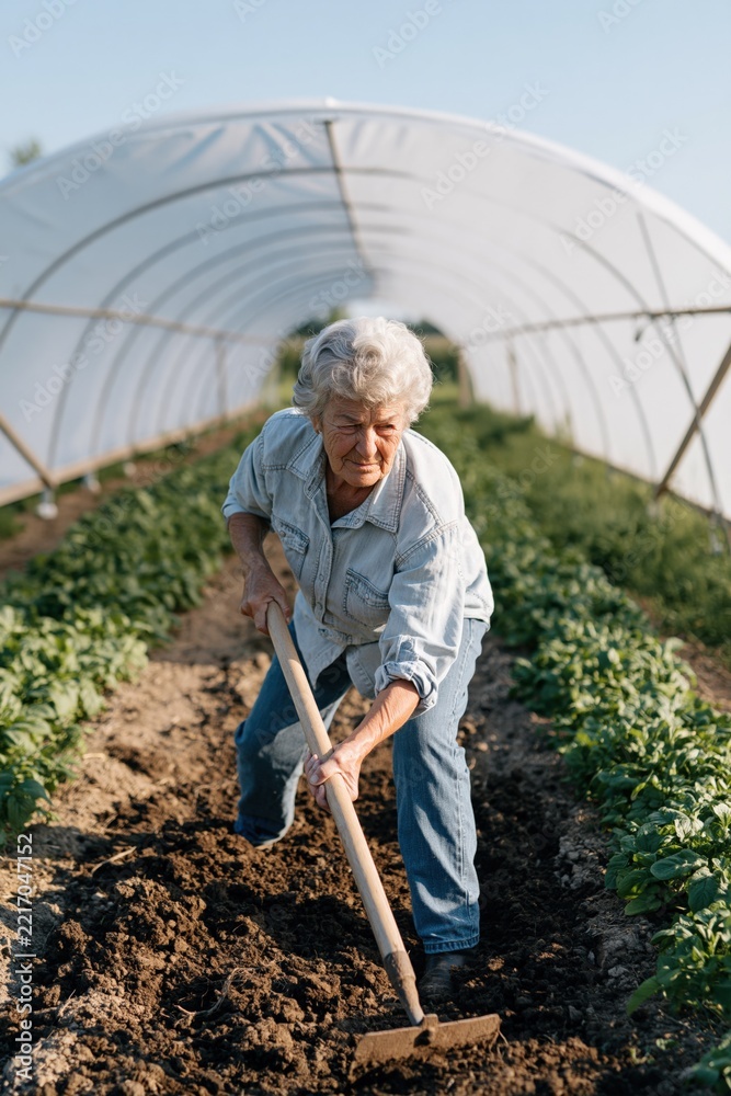 Fototapeta premium Senior woman working in greenhouse tending soil with a hoe for organic farming and sustainable gardening background for agricultural and gardening projects
