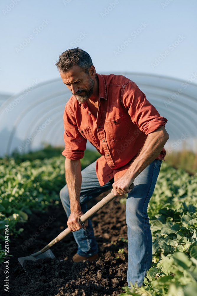 Fototapeta premium Male farmer digging soil in greenhouse vegetable row for agricultural background and farmwork poster