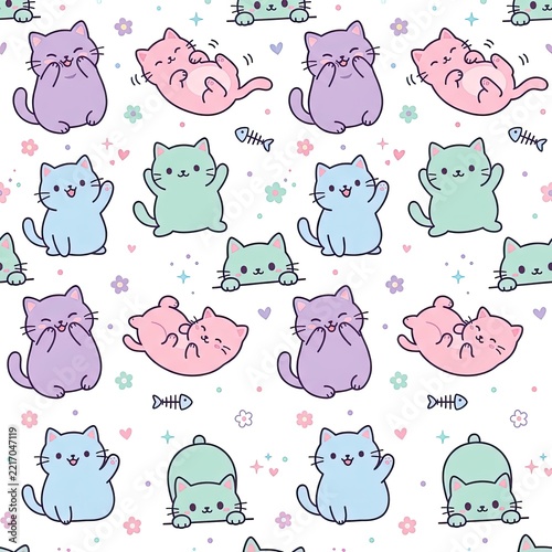 Seamless pattern of cute kawaii pastel cats on white background, vector illustration