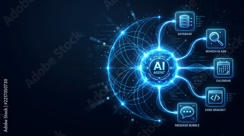 AI Agent Hub Concept With Central Circle and Radial Connections to Database Search Calendar Code and Message Icons