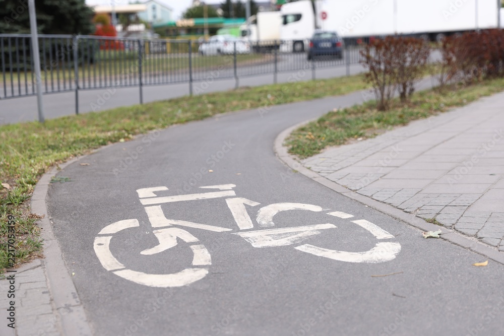 Obraz premium Bicycle lane with white sign painted on asphalt in city