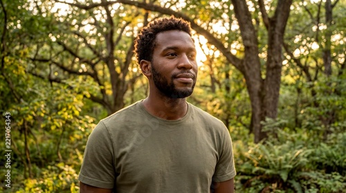 Reflective Man, A confident Black man stands peacefully in a lush green park