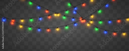 Red Christmas string lights PNG. Luminous yellow LED lamps and glowing gold bulb lights on realistic garland decoration. Xmas design for poster and greeting card.	