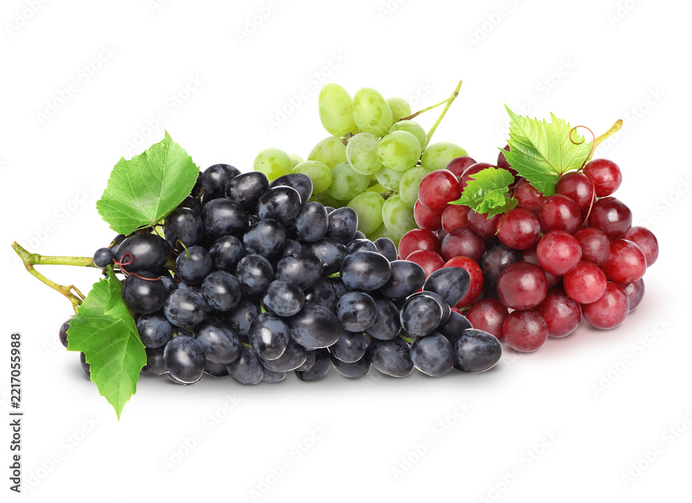Fototapeta premium Bunches of red, green and black grapes isolated on white
