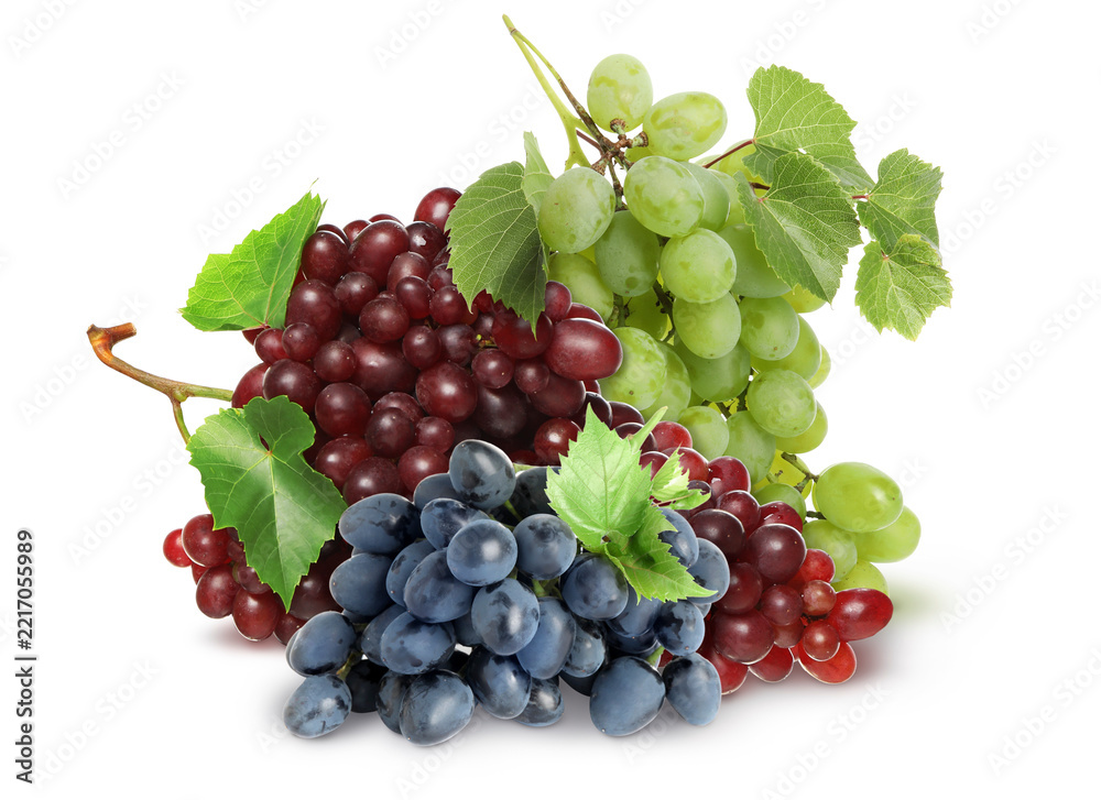 Fototapeta premium Red, green and black grape clusters isolated on white