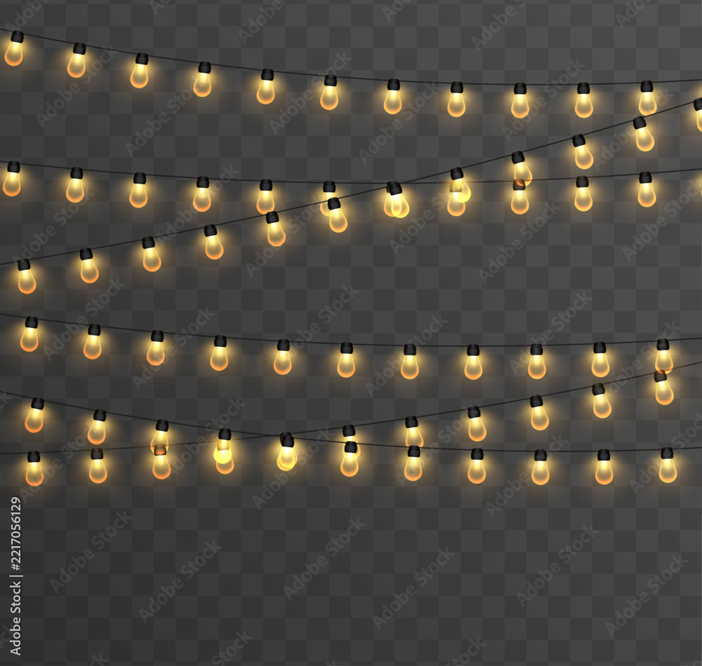 Fototapeta premium Christmas string lights PNG. Silver realistic garland with luminous white bulbs and glowing LED lamps. Xmas decoration isolated on transparent background. Vector illustration. 