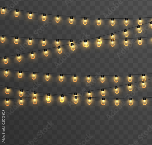 Christmas string lights PNG. Silver realistic garland with luminous white bulbs and glowing LED lamps. Xmas decoration isolated on transparent background. Vector illustration.	