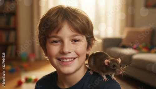 Boy smiling with pet rat on shoulder indoors