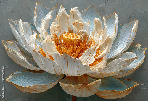 White lotus flower wallpaper on gray texture. Elegant mural with 3D embossed flowers. Abstract botanical illustration for art prints.