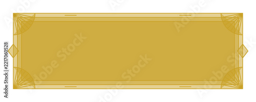 Horizontal rectangular deco style frame with gold linear details and fan corner ornaments on a white background for