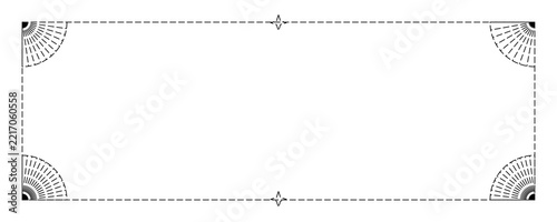 Rectangular frame with dashed lines and fan-shaped corner ornaments, isolated on a white background, for use in, vintage style layouts
