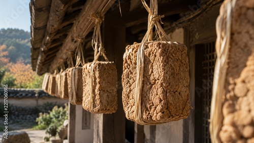 Brown textured cubes of fermented soybean paste hang from straw ropes under the eaves of a wooden building, arranged in a row against a neutral wall