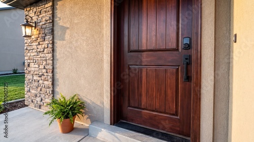 Suburban Front Entryway, A detailed close-up of a modern suburban home entrance with rich textures