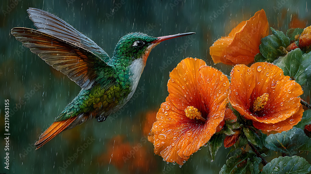Fototapeta premium Green crowned brilliant hummingbird flying near orange flower in the rain