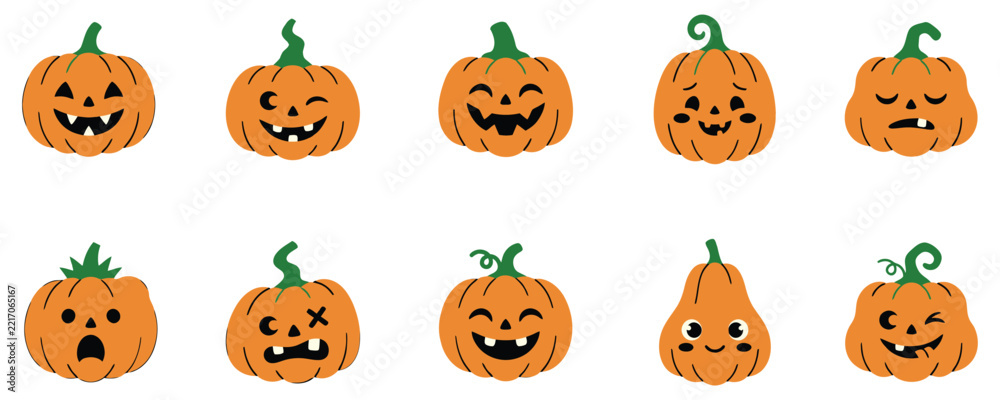 Fototapeta premium A delightful collection of ten intricately carved halloween pumpkins perfect for seasonal decorations and festive designs, vector illustration