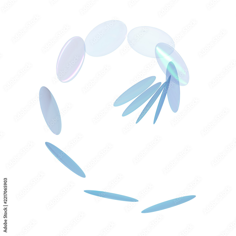 Fototapeta premium 3D render of floating blue iridescent glass disks arrangement in a dynamic spiral sequence on transparent background. For tech designs, banners, and modern graphics.