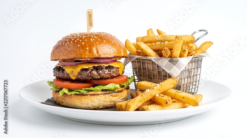 Tasty burger with french fries and fire white background