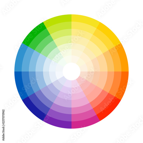 A colorful color wheel displays a spectrum of shades, ranging from bold reds and deep blues to bright yellows and luscious greens. This artistic tool