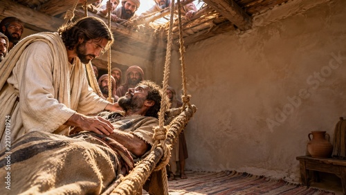 Jesus heals a paralyzed man lowered through a roof. Biblical healing miracle and compassion. Faith, hope and Christian scripture. Ancient village home with onlookers and copy space.