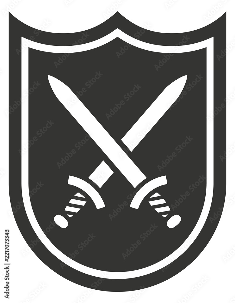 Fototapeta premium Retro shield. Warfare symbol. Battle black icon