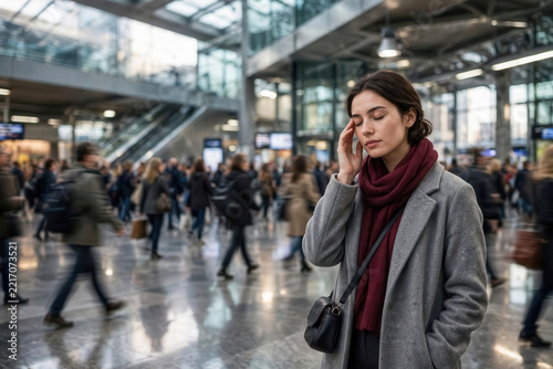 Woman Experiencing Sensory Overload in a Crowded Station