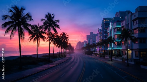 Vibrant Sunset Over Coastal Road with Palm Trees and Buildings.