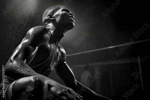 Motivated athlete training at night, running with power and sweat under bright floodlights during an intense outdoor workout to boost fitness and race performance.