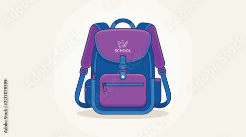 Blue and purple school backpack illustration with detailed stitching and front pocket