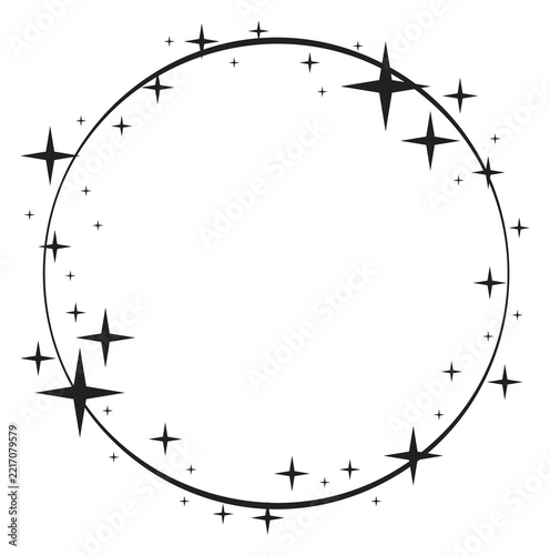 A black and white image of a starry night sky with a large oval frame