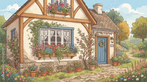 Cottage exterior with floral window boxes and garden scene vector illustration