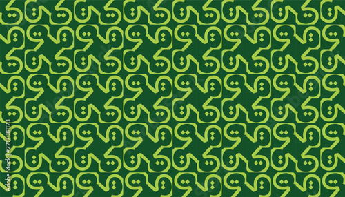 Decorative repeating surface pattern featuring stylized curved shapes, abstract loops, and small circular accents in lime green over a dark green background.