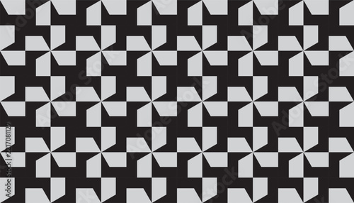 Seamless black and grey geometric pattern with optical pinwheel lattice tiles for background, wallpaper, or textile design