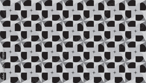 Monochrome abstract geometric pattern composed of repeating curved shapes, semicircles, quarter circles, triangles, and small star-like accents in black, white, and gray.
