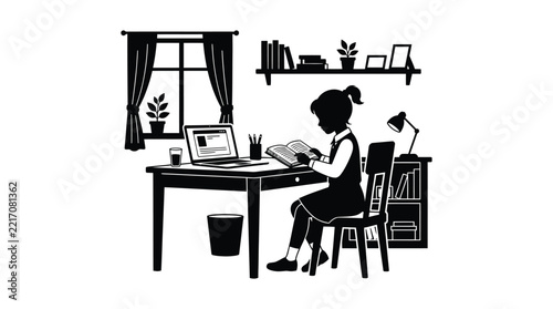 Silhouette of a student studying at a desk with computer and books