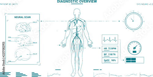 Human anatomy diagram with vital signs and neural scan during medical diagnostic overview