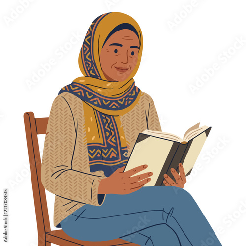 Middle-aged woman with traditional Eritrean head scarf sitting on a chair and reading a book - vector illustration.