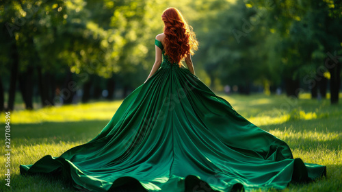 A striking red-haired woman in an emerald green satin gown with a flowing train, standing in a sunlit park during golden hour