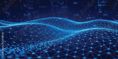 Blue geometric wireframe mountains rise from glowing particle field representing virtual reality and digital simulation.