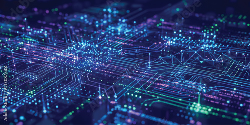 Circuit board abstract background with glowing lines and points, perfect for digital technology and network concepts.