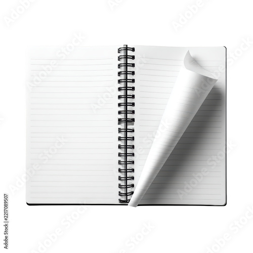 Open spiral notebook with lined pages and curled corner for writing and journaling mockup isolated on transparent background.