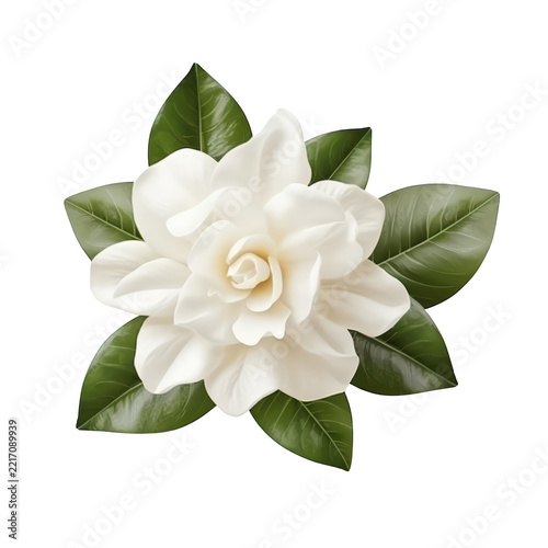 Single white gardenia flower with dark green leaves isolated on transparent background for wedding decor.