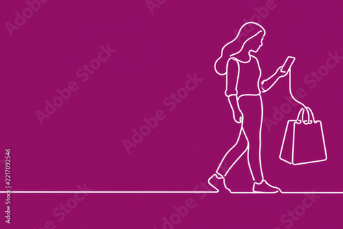 Woman walks with smartphone and shopping bag. Space for text.