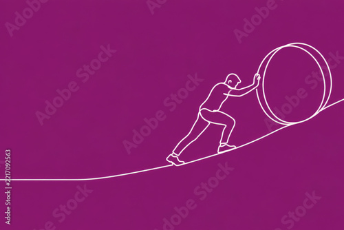 Man pushes a large circle uphill. Space for text.