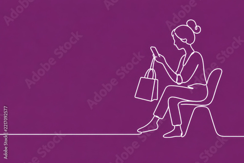 Seated woman uses a smartphone beside a shopping bag. Space for text.