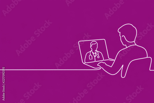 Man attends a video consultation with a doctor on laptop. Space for text.