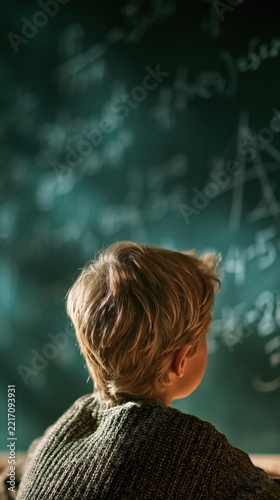 Young student focusing intently on complex mathematical equations written on a chalkboard in a classroom setting during study time