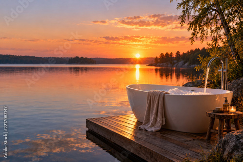 Outdoor bathtub sits on a lakeside dock at sunset. Space for text.