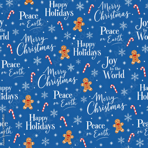 Abstract Christmas-themed titles featuring snowflakes, gingerbread men, and candy canes on a winter blue background 