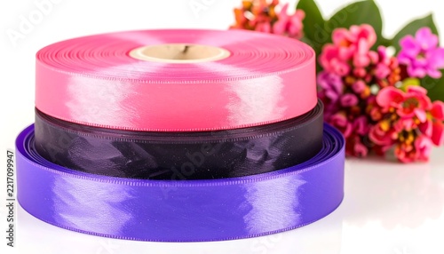 Close up of colorful stacked ribbon rolls with vibrant texture